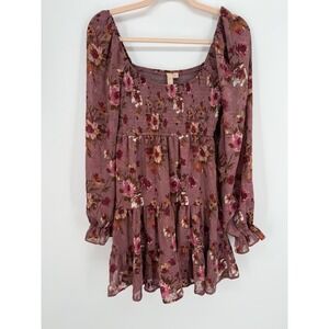 Floral Smocked Fit Flare Metallic Thread Mini Dress Burgundy Long Sleeve Medium